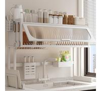 2 Tier Dish Rack Over Sink, Multifunctal Carbon Steel Drying Rack in White Black, Space Saving Dish Drainer with Foldable Door, Kitchen for Plates & sils