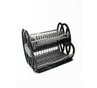 2 Tier Double Dish Drainer Rack Large Plate Cutlery Cup Holder Plastic Trays (Black and Grey)