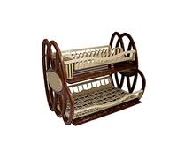 2 Tier Double Dish Drainer Rack Large Plate Cutlery Cup Holder Plastic Trays (Brown and Cream)