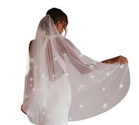 2 Tier Elbow Length Bridal Veil with Comb - 3D Floral Appliqué Soft Tulle Wedding Veil White Ivory