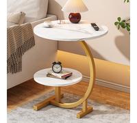2 Tier End Table, C Shaped Side Table with Metal Frame, Small Coffee Table with Storage, Round Sofa Table for Living Room, Bedside Table for Bedroom, Easy Assembly