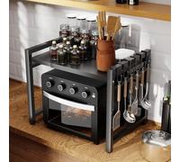 2-Tier Expandable Microwave Oven Rack, Shelf Stand Metal with 6 Hooks, Kitchen Counter Organizer Stand, Height Adjustable Carbon Steel Microwave Shelf, for Kitchen Counter Organizer