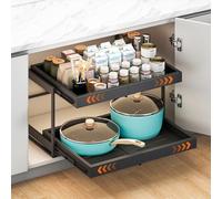 2-Tier Expandable Pull Out Cabinet Organizer, 16.9" Deep Heavy-Duty Slide Rail Slide Out Drawer Organizers with Adhesive Nano Film for Pots, Roll out Shelf Storage for Kitchen & Pantry Storage,Black
