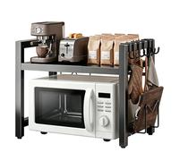 2 Tier Extendable Microwave Oven Rack, Adjustable Kitchen Counter Shelf | Pan Grill Storage Racks Durable Steel, Microwave Stand with 6 Hooks/Cutting Board Holder/Rag Rack, Kitchen Worktop Storage