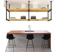 2-Tier Floating Ceiling Shelves, Wooden Pot & Pan Rack, Overhead Storage Organizer, Adjustable Flower Display Shelf, Ideal for Kitchen & Home Decor (60-140cm)