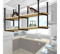 2-Tier Floating Wine Rack Shelves - Ceiling Mounted for Kitchen & Shed, Wood Pot & Pan Storage, Adjustable 60-150cm Hanging Shelving (130x30x80cm)