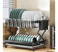 2 Tier Foldable Dish Drying Rack For Space Saving Utensil & Cutting Board Holder Xample Black One Size