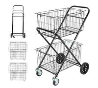 2-Tier Folding Shopping Trolley, Foldable Trolley on Wheels with 2 Removable Baskets, 25kg Load-bearing, 360-degree Rolling Stroller Utility Cart (Black)