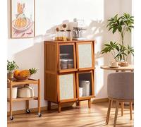 2-Tier Freestanding Storage Cabinet, Bamboo Bookcase with Flip Door, Modern Display Unit for Living Room, Kitchen, Dining Room, 100cm Tall Space-Saving Organizer