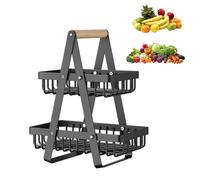 2 Tier Fruit Basket,Vegetable Rack,Bread Basket,Detachable Mesh Fruit Baskets With Wooden Handle,Vegetable Storage Rack For Kitchens Home,Office,Vegetables,Onion,Banana,Potato,Snack Basket(Black)
