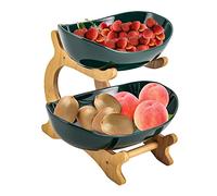 2 Tier Fruit Bowl, Ceramic Fruit Basket, Countertop Serving Tray Rack with Bamboo Stand, Large Capacity Fruit Holder, Storage Bowl for Fruit Vegetable Snack Cake Dessert (Green)