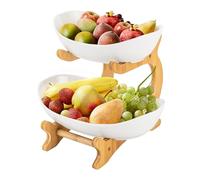 2 Tier Fruit Bowl, Ceramic Fruit Basket, Countertop Serving Tray Rack with Bamboo Stand, Large Capacity Fruit Holder, Storage Bowl for Fruit Vegetable Snack Cake Dessert (White)