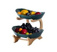 2 Tier Fruit Bowl Stand, 2 Sizes Plastic Fruit Bowl and Bamboo Stand Keeps Fruits & Veg Fresh, Large Capacity Fruit Baskets for Kitchens, Parties, Weddings for Veg, Snacks, Dessert (Green 2 Layer)