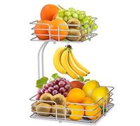 2-Tier Fruit Rack With Banana Hanger, Metal Wire Basket for Kitchen, Stackable Bowl, Countertop Storage Racks for Vegetables, Bread, Potatoes (Silver)