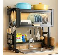2-Tier k Dish Drying Rack with Cover, Space-Saving Black Kitchen Organizer, 75cm/29.5in, Dustproof Cupboard Storage for Efficient Countertop Use