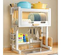 2-Tier k Dish Drying Rack with Cover - Space Saving Kitchen Organizer, Dustproof Drainer Shelf for Efficient Dish Storage, 95cm/37.4in White