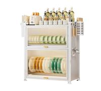 2-Tier Kitchen Countertop Dish Storage Cabinet with Dust Door, Space Saving Dish Drainer & Drying Cabinet for Dishes, Cutlery & Kitchenware - Compact Organiser for Small Kitchens