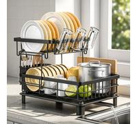 2-Tier Kitchen Dish Drainer Rack with Drip Tray & 360° Rotating Spout | Space-Saving, Rust-Resistant Powder-Coated Iron, Large Capacity Dish Drying Rack for Plates, Cups and Cutlery, Black