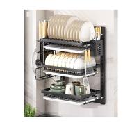 2-Tier Kitchen Dish Rack Wall-Mounted Storage Non-Perforated Drying Shelf Space-Saving Black Dish Organizer for Countertop & Cupboard 38cm Long Ideal for Home Use