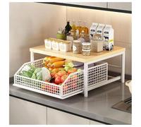 2-Tier Kitchen Niser Rack with Storage Basket Pull-Out Microwave & Coffee Machine Stand Countertop Shelf for Kitchen Island Restaurant Office Living Room (White)