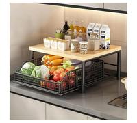 2-Tier Kitchen Niser Rack with Storage Basket - Pull-Out Microwave & Coffee Machine Stand for Countertop Kitchen Island Restaurant Living Room Office (Black)