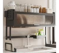 2-Tier Lar Over-Sink Dish Drying Rack, Multifunctal Carbon Steel Sink Shelf, Space-Saving with Flip-Up Door for Dishes & Bowls, Black, 37.4in (95cm)