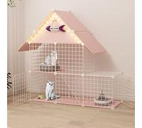2-Tier Large Cat Cage, Cat Cage Hammock, Detachable Metal Wire Indoor DIY, Eaves Design, with Ladder, Cat Hammock, Cat Nest, Cat Litter Box with Shovel, Cat Bowl, for 1-3,Pink-111x39x109cm