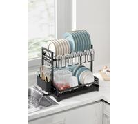 2 Tier Large Dish Drying Rack with Drip Tray Detachable Drainage Spout Cutting-Board Cup Holder Organise Shelf Utensil Holder Set Neo True Black 1 Pack
