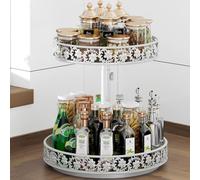 2 Tier Lazy Susan Organizer Turntable Adjustable,12 Inch Two Tier Lazy Susan Metal Easy Assembly Cleaning, Rotating Spice Rack Organizer for Cabinet Dining Table Kitchen Countertop White