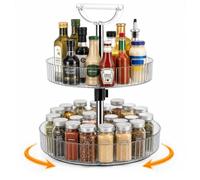 2-Tier Lazy Susan Turntable, Rotating Spice Rack Organiser with Handle, Round Adjustable Height Turntable Organizer Storage Shelf for Kitchen Countertop Pantry Organisers and Storage