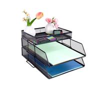 2 Tier Mesh in Trays，Stackable Office Desk Tidy File Holder with Top Stationery Holder，Paper Document Letter Trays for Office School and Home Black