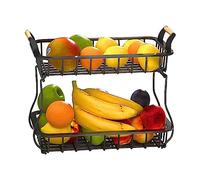 2-Tier Metal Fruit Basket with Wooden Handle - Stylish Kitchen Organizer for Fruits & Vegetables - Space-Saving Storage Solution for Countertops (Black)