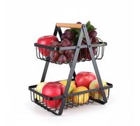 Relaxdays Fruit Bowl, 2 tiers, metal, wooden handle, HxWxD: 34 x 26 x 17 cm, fruit & vegetables, stylish design, black