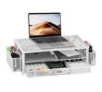 2-Tier Metal Mesh Computer Monitor Stand with Storage Drawer & 2 Pen Holders Ergonomic Desk Organizer Vented Design Home & Office Desk Shelf for PC Display Laptop Printer Scanner Bearing 15KG (White)