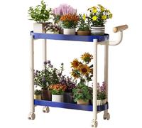 2 Tier Metal Plant Stand with Wheels and Handle, Indoor Corner Shelf Planter Holder for Tall Plants, Storage Rack for Living Room, Balcony, Entryway
