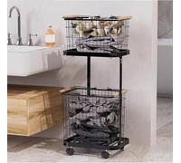 2-Tier Metal Rolling Laundry Hamper with Removable Wire Basket Tall Clothes Storage Bin on Wheels Metal Sorter Trolley Shelf for Easy Laundry nization (Black)
