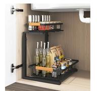 2 Tier Metal Under Sink Storage 1 PCS Kitchen Multi-Purpose Under Sink Cabinet Organiser Bottom Sliding Drawer with Hooks for Bathroom Kitchen