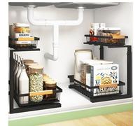 2 Tier Metal Under Sink Storage 2 PCS Kitchen Multi-Purpose Under Sink Cabinet Organiser Bottom Sliding Drawer with Hooks for Bathroom Kitchen