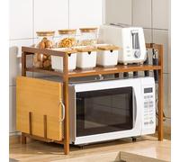 2 Tier Microwave Oven Rack, Adjustable Heavy Duty Microwave Stand with 4 Hooks,Bamboo Kitchen Storage Shelf with Chopping Board Stand for Kitchen Counter Top Organizer(55x35x42cm(22x14x17inch), A)