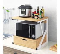 2-Tier Microwave Oven Shelf Stand, Standing Baker's Rack, Over Microwave Shelf Unit with 1 Drawer, Kitchen Countertop Organizer, Kitchen Storage Shelf with Wood Top Metal Frame (Walunt)