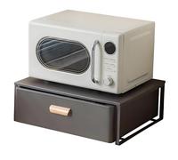 2-Tier Microwave Oven Shelf with Pull-Out Drawer Black Steel Kitchen Rack with Wood Handle Countertop Storage for Coffee Maker & Appliances (L11.8)