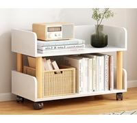 2 Tier Mobile Bookshelf on Wheels Wooden Narrow Bookcase for Small Spaces Space Saving Book Shelf for Bedroom Living Room Home Office Storage Solutions