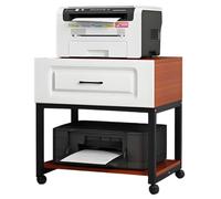 2-Tier Mobile Printer Stand with Storage Drawer, Heavy-Duty Printer Cart for Home & Office, Black Frame & Light Walnut Finish, Compact Design for Scanner & Media Player, 50cm