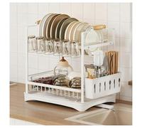 2 Tier Multifunctional Dish Drying Rack Rustproof Carbon Steel Kitchen Drainer with Drainboard sil & Cup Holder Space-Saving Countertop nizer (White)