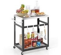 2-tier Outdoor Grill Cart on Wheels Pizza Oven Stand Trolley Stainless Steel Top