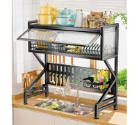 2 Tier Over Sink Dish Drying Rack, Kitchen Sink Rack - Multifunctional Storage Drain Rack- Space-Saving Organizer with Cabinet Door for Countertop and Cupboard