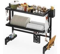 2-Tier Over The Sink Dish Drainer & Drying Rack - Space-Saving Kitchen with 8 Hooks Knife Holder Chopstick Holder Cutting Board Stand & Storage Basket (84x27x73cm)