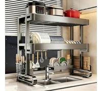 2 Tier Over The Sink Dish Drying Rack, 304 Stainless Steel Kitchen Counter Organizer, Adjustable Spacing, Rust-proof Heavy Duty Drainer for Plates, Bowls & Cutlery