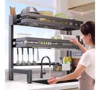 2-Tier Over The Sink Dish Drying Rack, Large Capacity Kitchen Rack with Knife Holder Hooks, Space-Saving Organization and Storage Solution for Dishes