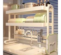 2-Tier Over The Sink Dish Drying Rack - Space-Saving Carbon Steel Kitchen Organizer, Rust-Proof Shelf for Dishes & Bowls, 75cm/29.5in - Multifunctional Storage Solution